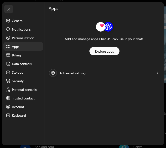 ChatGPT's settings window opened on the "Apps" page