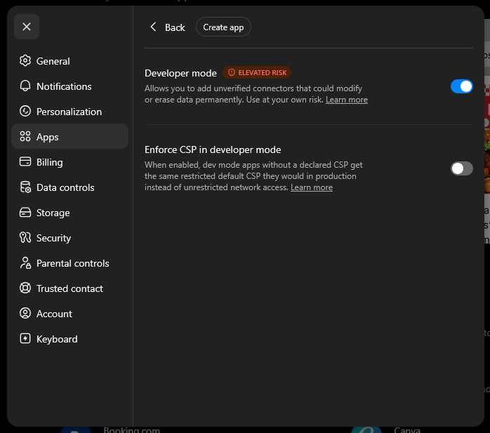 ChatGPT's Advanced Settings for Apps page with Developer Mode enabled