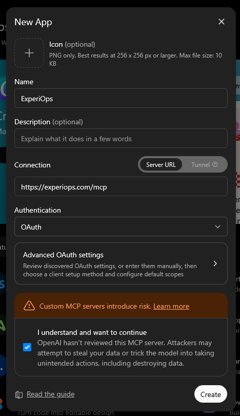 ChatGPT's "create app" window filled in