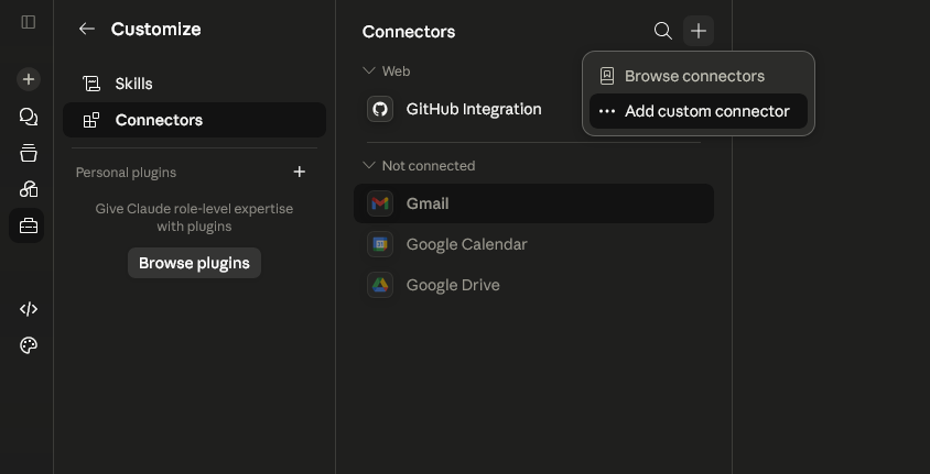 Claude's Connector page with the "Add custom connector" button visible