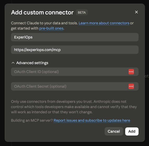 Claude's "Add custom connector" window with the address pasted in